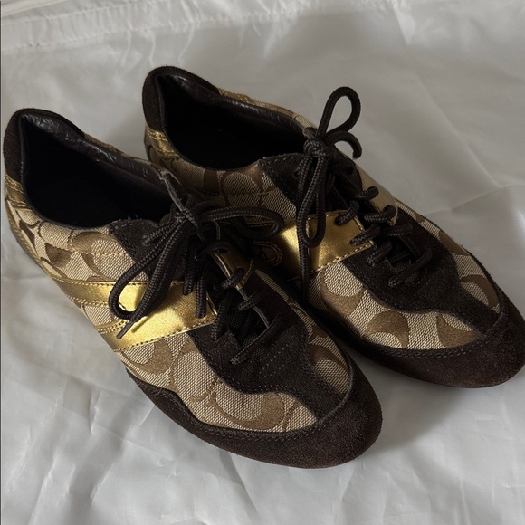 Coach Signature Brown and Gold Lace-Up Sneakers - Picture 2 of 9